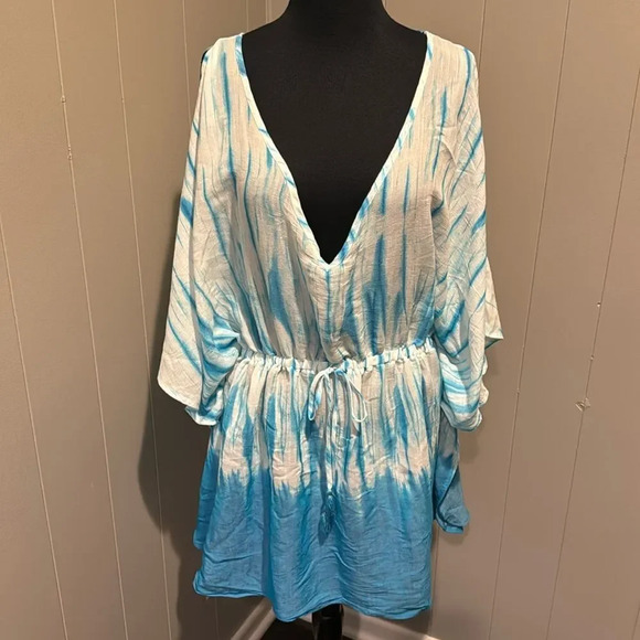 Hawaiian Tropical white/blue tie dye elastic waist split sleeve swim coverup. M - Picture 1 of 7